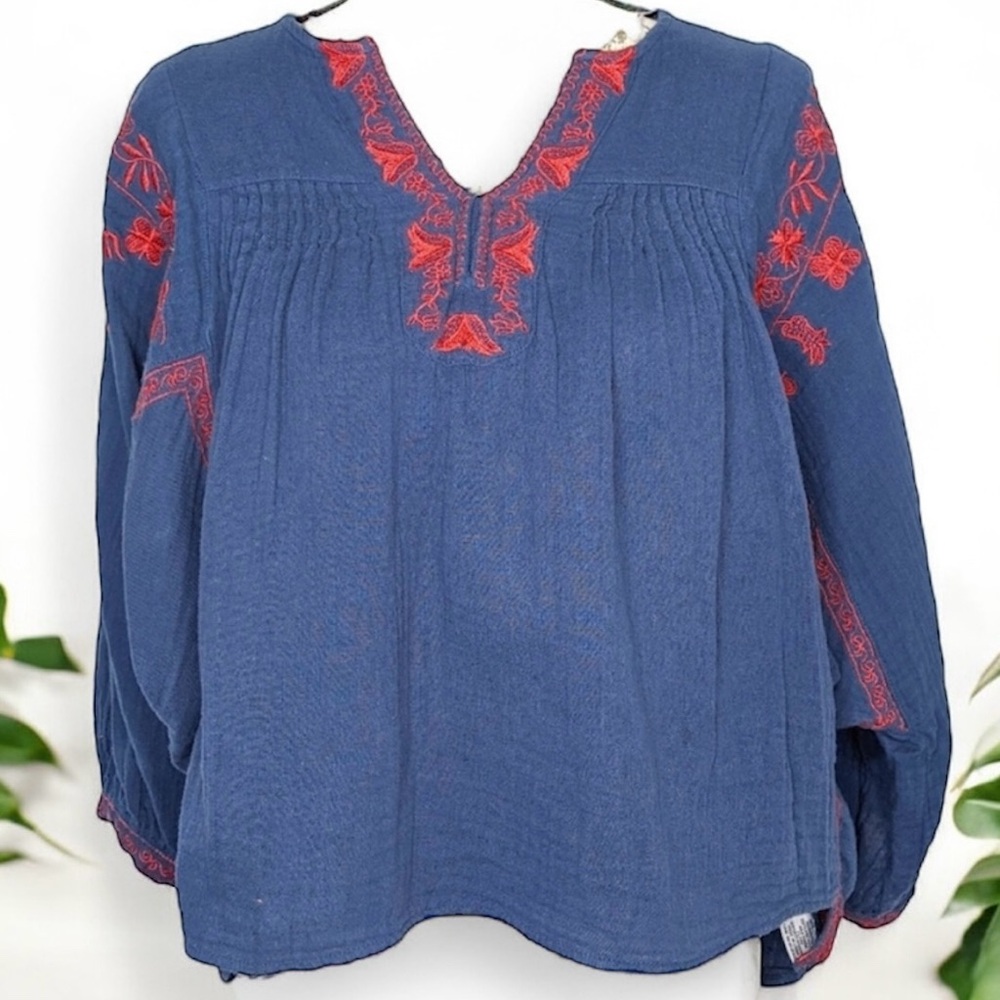 Hippie Laundry Blue Blouse with Red Embroidery